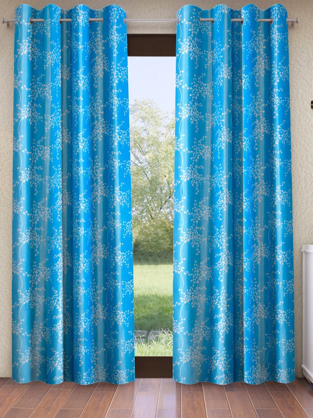 Fashion String Turquoise Blue & White 2-Pieces Floral Window Curtains