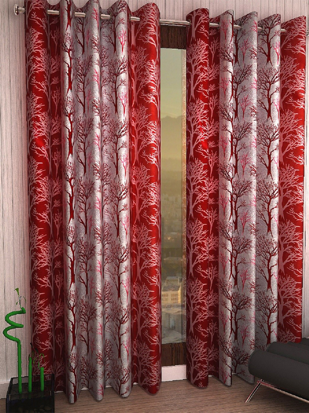 Fashion String Maroon & Grey 2-Pieces Floral Window Curtains
