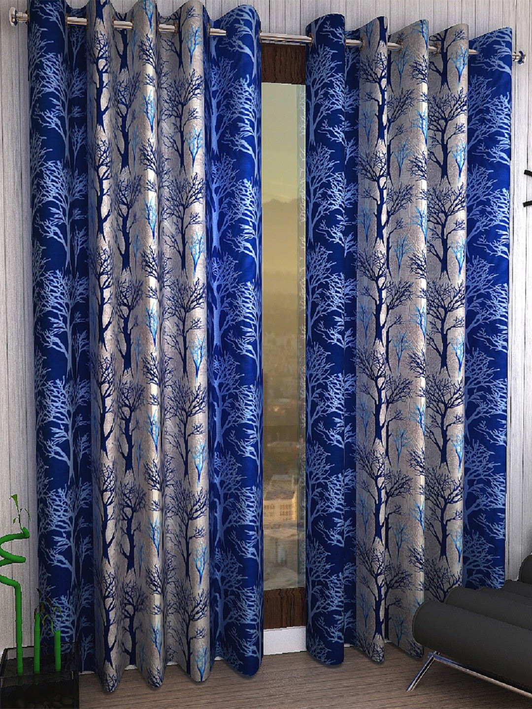 Fashion String Blue & Grey 2 Pieces Floral Door Curtains