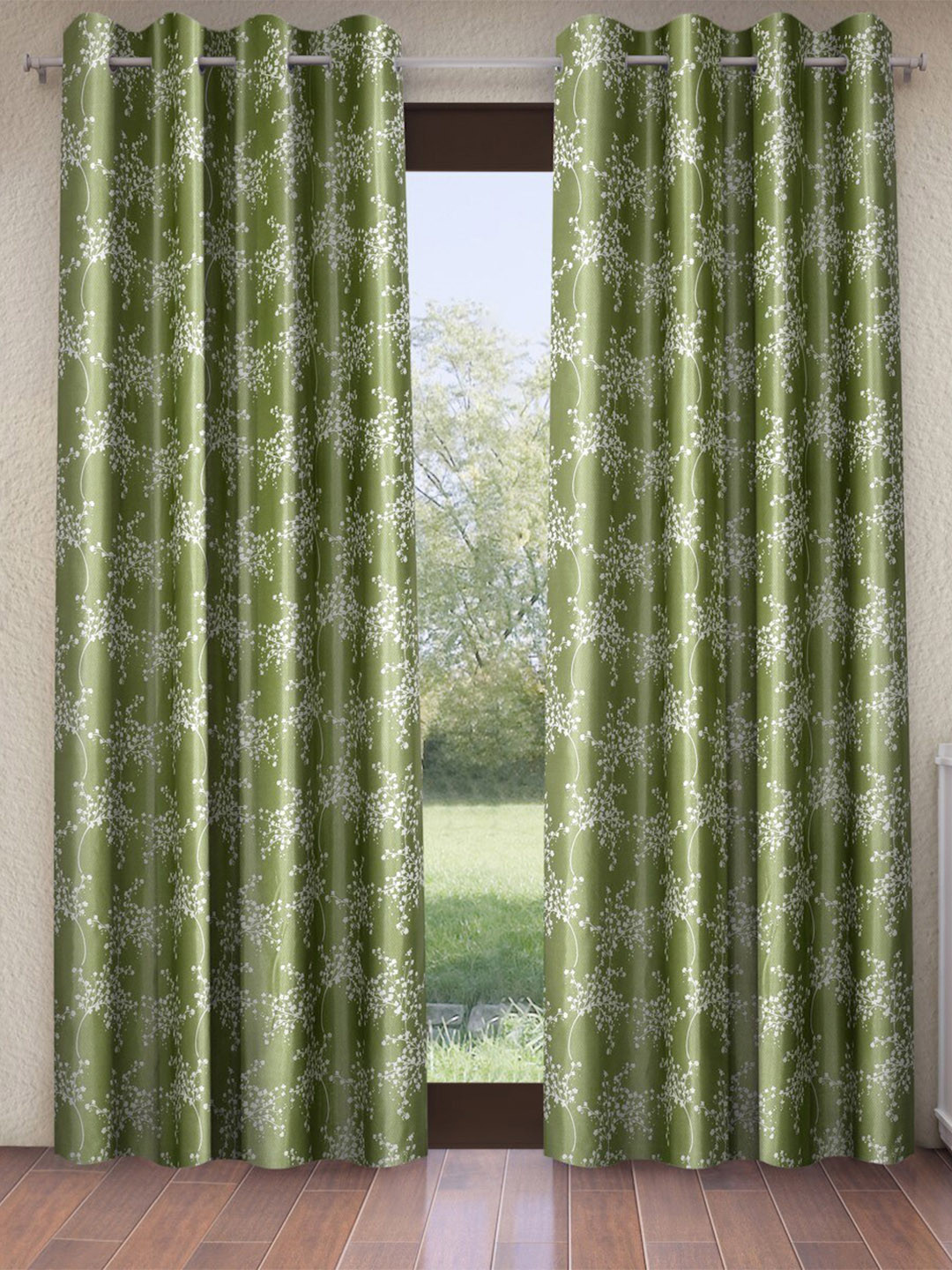 Fashion String Green & White 2 Pieces Floral Door Curtains