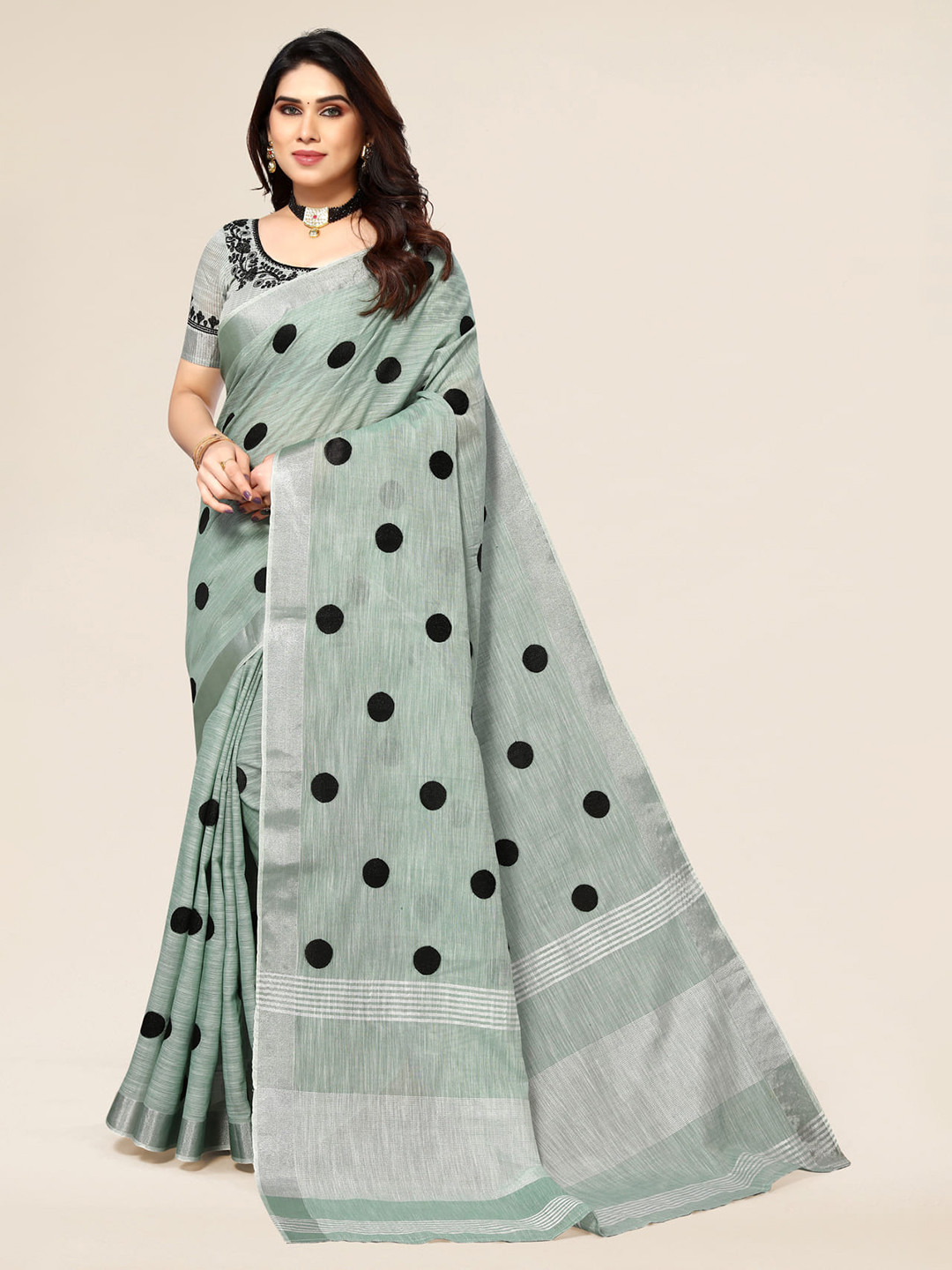ALAGINI Polka Dot Printed Zari Pure Linen Saree