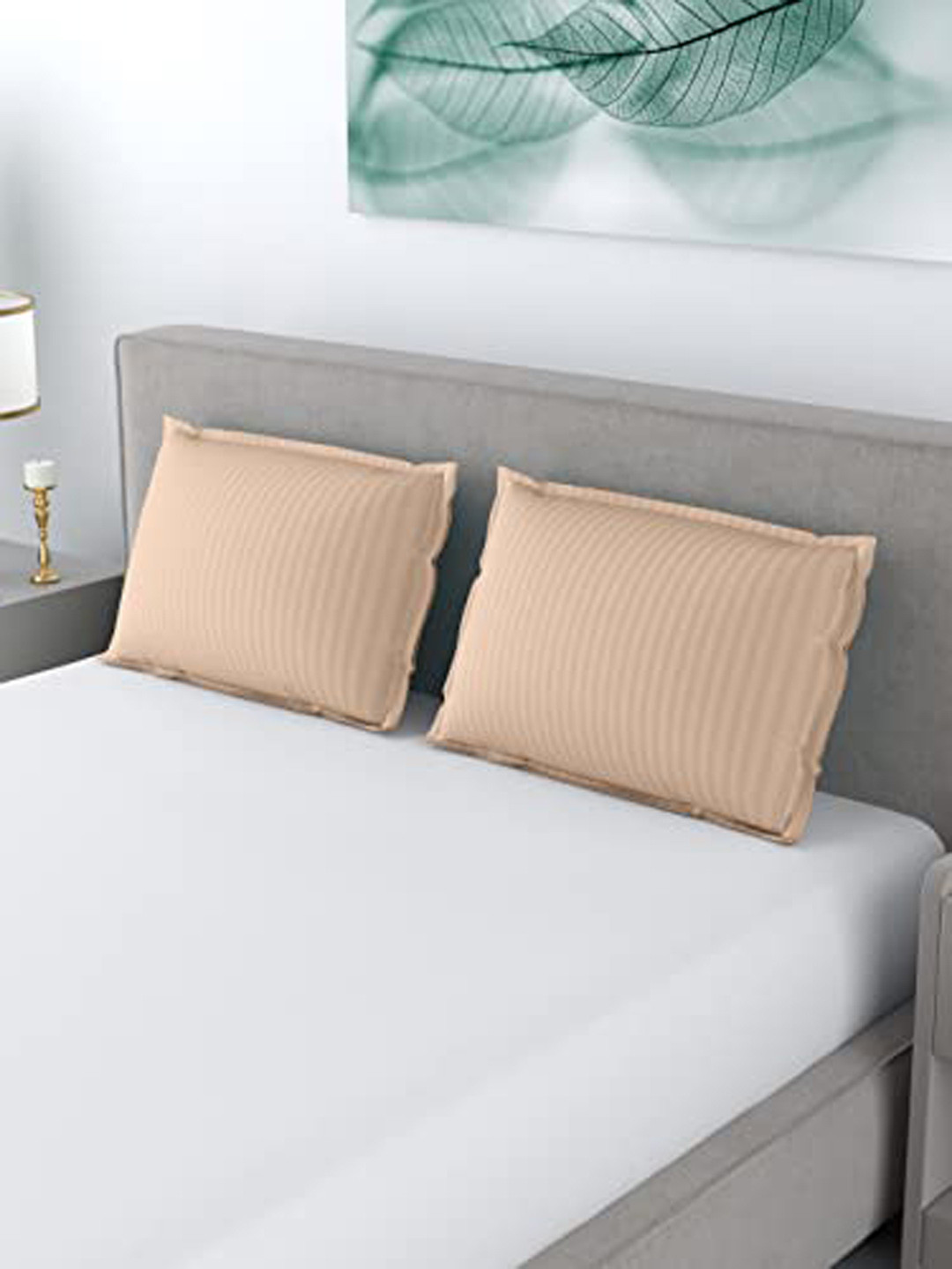LINENWALAS Happy Sleeping Beige 2 Pieces Striped Pure Cotton Pillow Covers