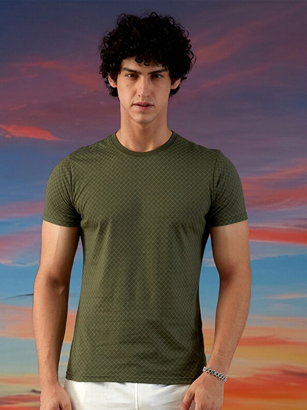 Markle Moro Slim Fit Checked Round Neck Cotton Casual T-shirt