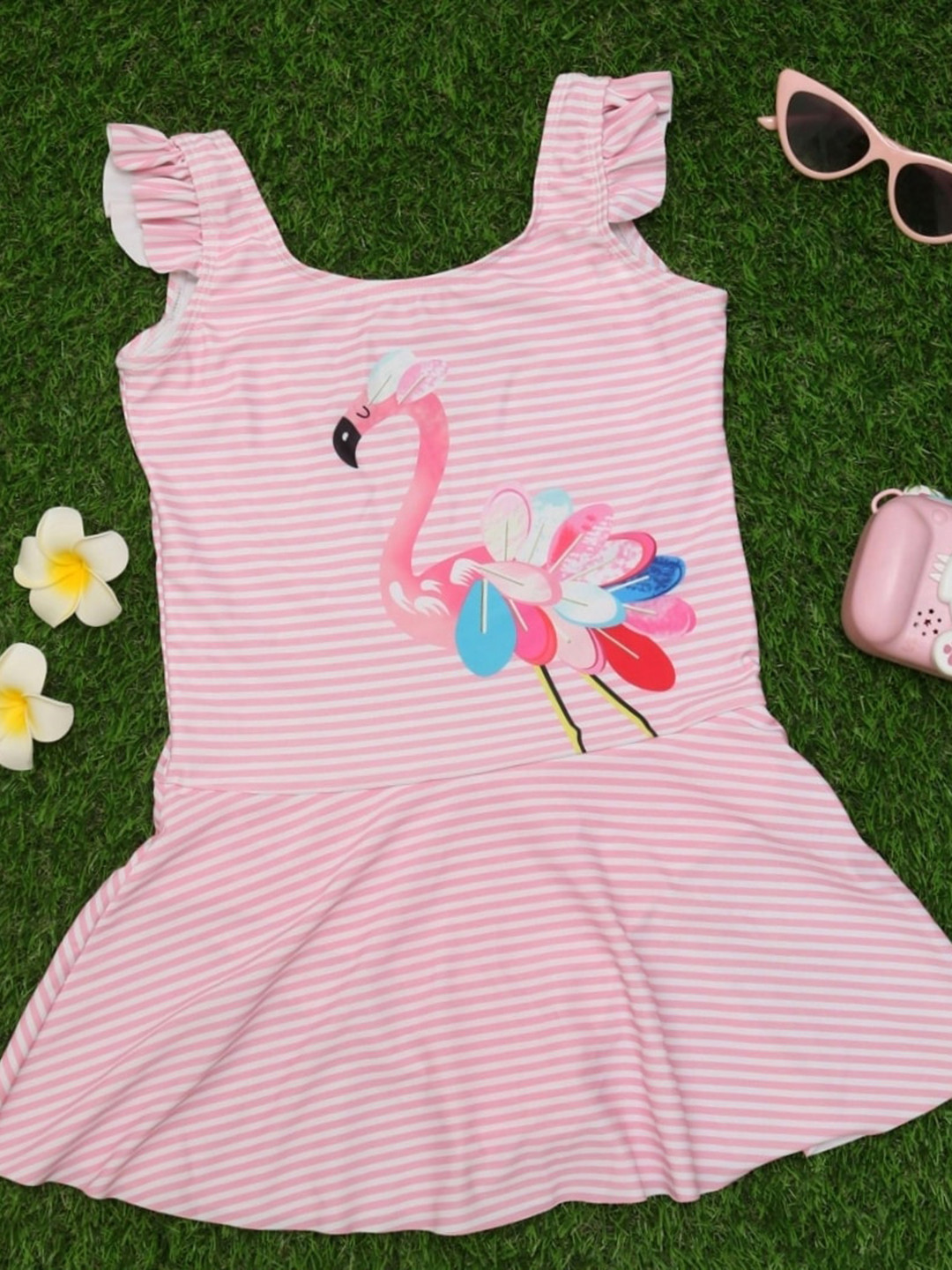 Yellow Bee Girls Flamingo Printed Swimming Dress