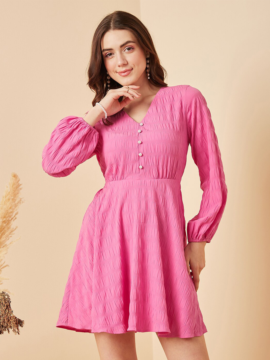 Marie Claire Pink Textured Puff Sleeves Fit & Flare Mini Dress