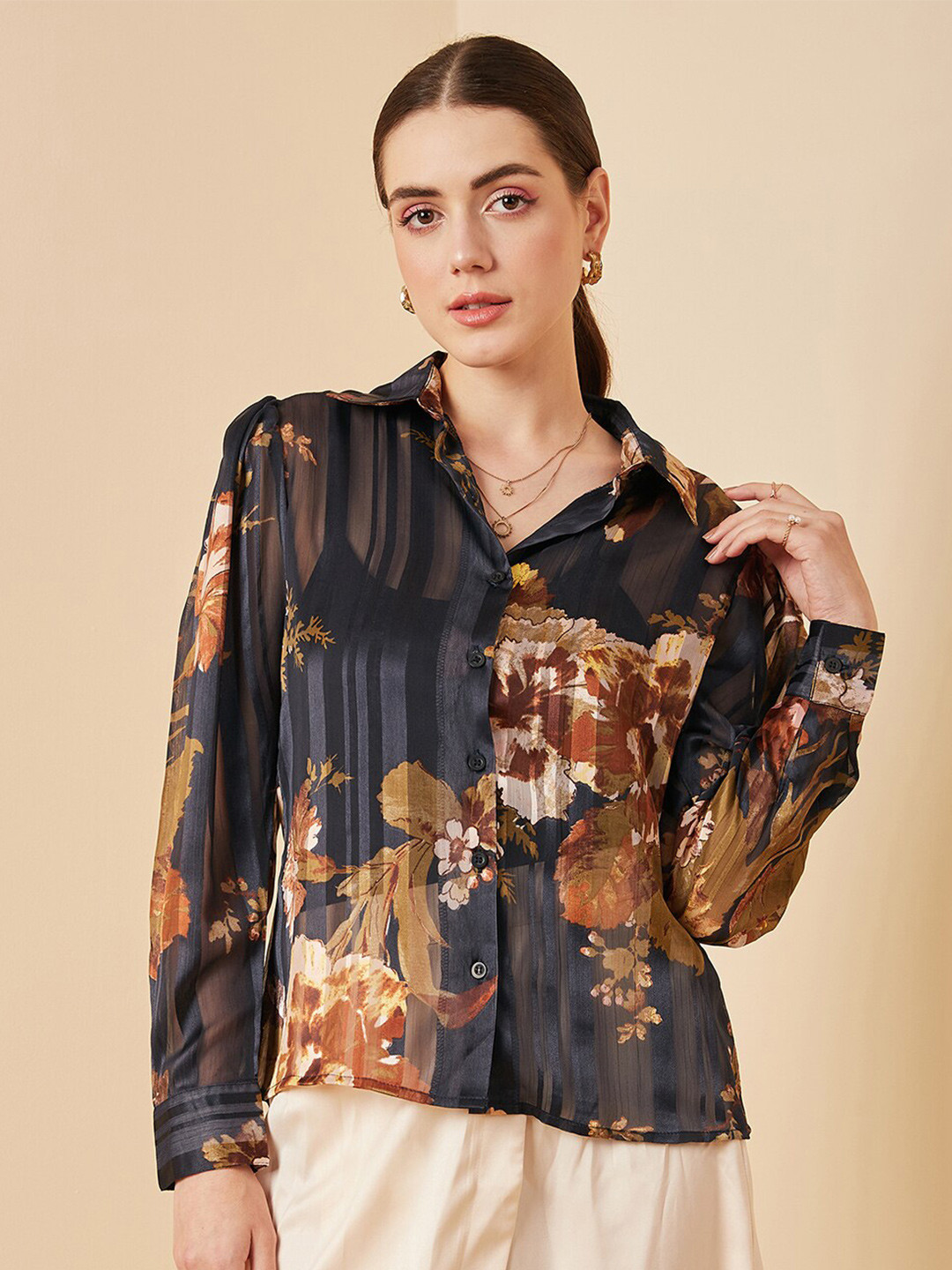 Marie Claire Floral Printed Semi Sheer Satin Casual Shirt