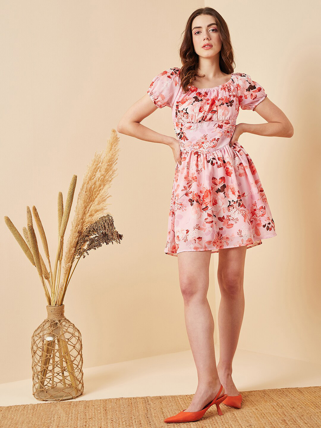 RARE Pink & Peach Floral Printed Smocked Detailed Puff Sleeves A-Line Dress