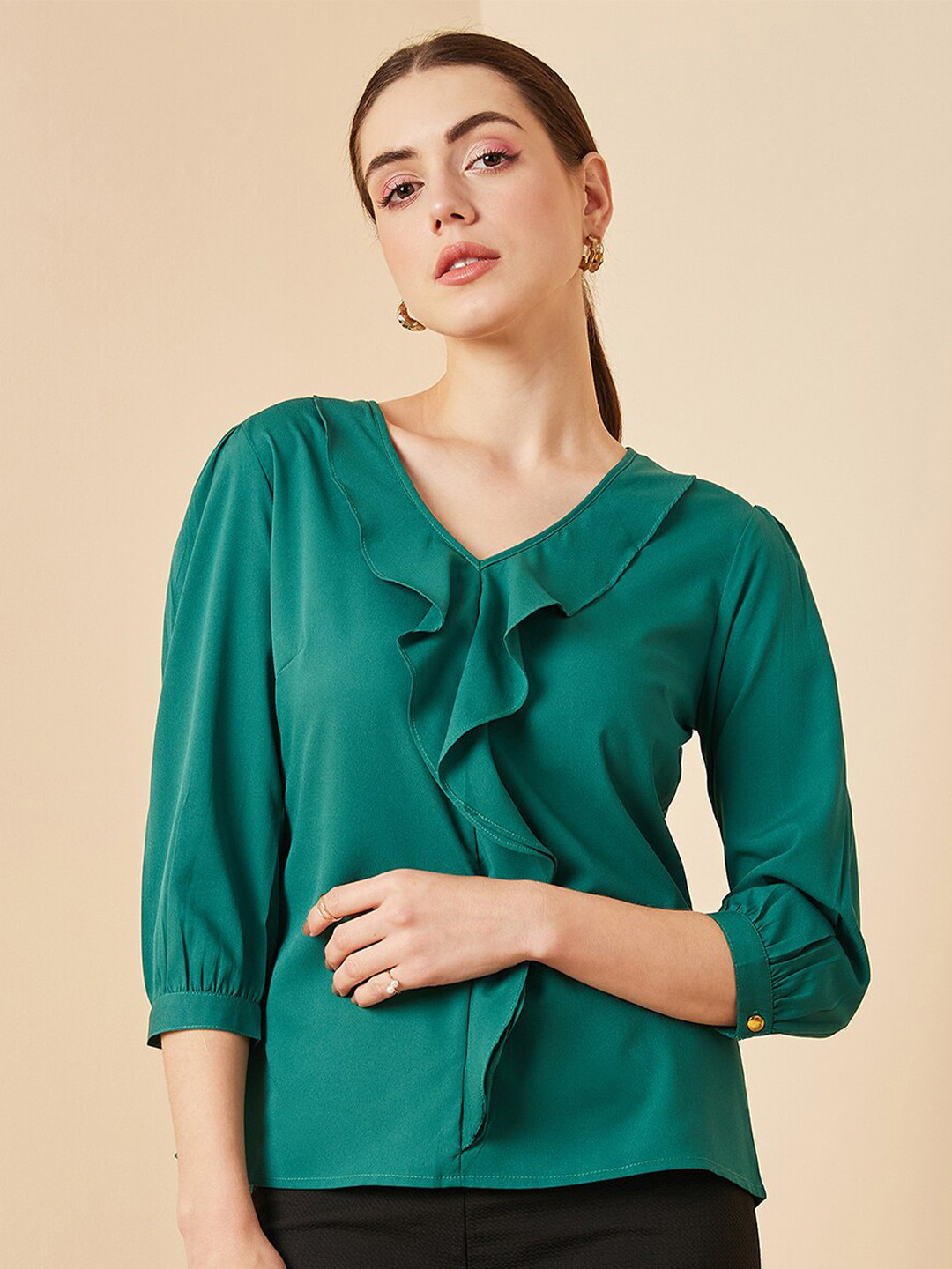 RARE V-Neck Cuffed Sleeves Ruffled Top