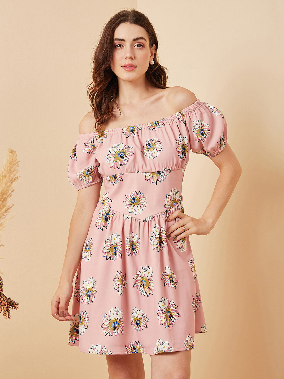 RARE Peach-Coloured & Yellow Floral Printed Smocked Off-Shoulder Puff Sleeves A-Line Dress