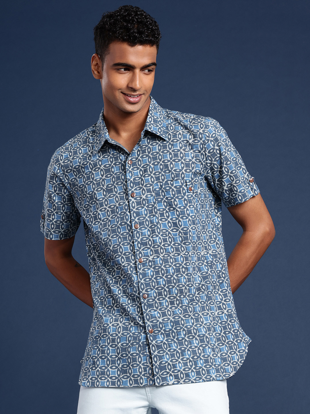 Taavi Men Comfort Organic Indigo Hand Block Geometric Printed Pure Cotton Casual Shirt