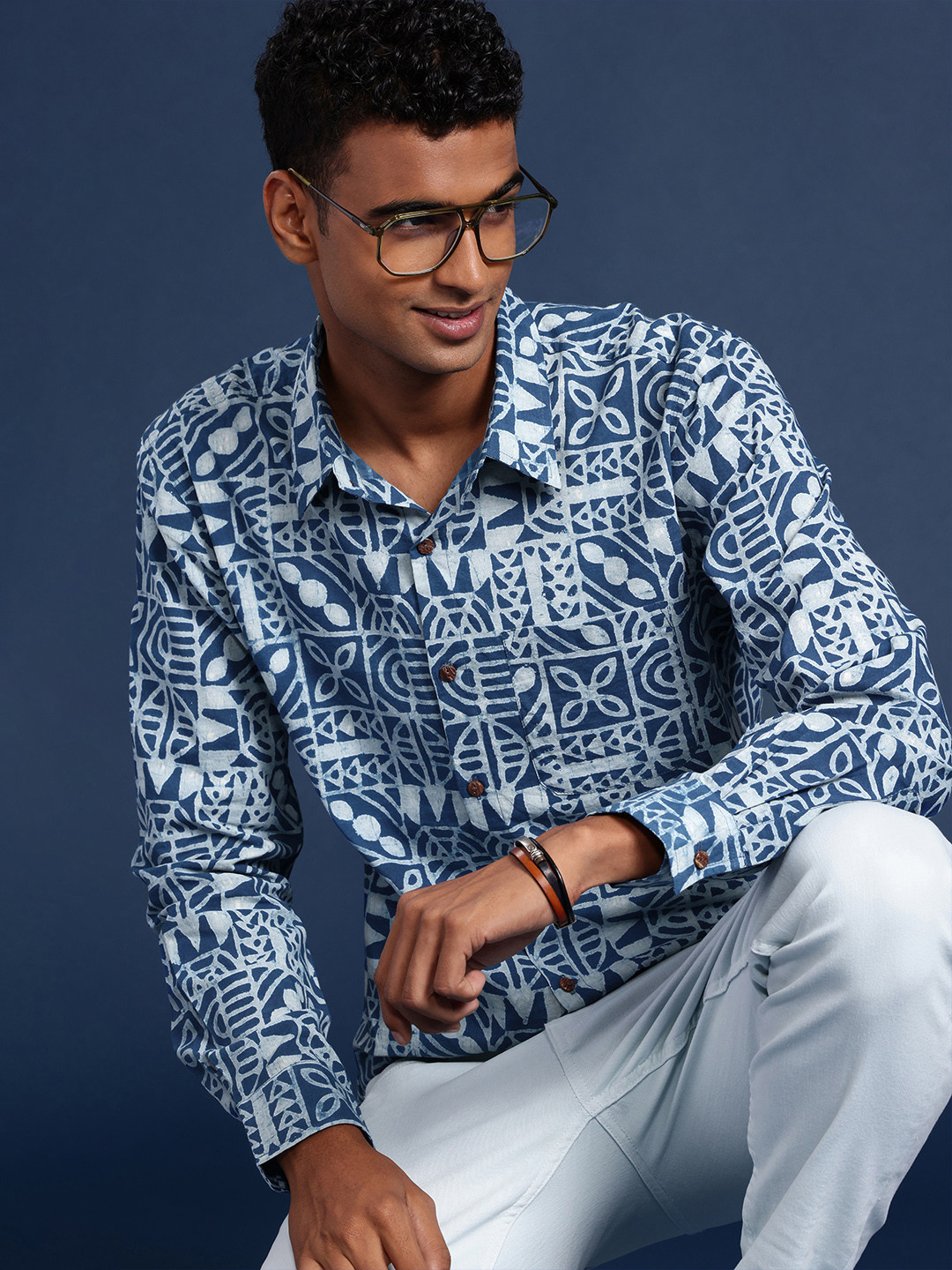 Taavi Men Comfort Organic Indigo Hand Block Geometric Printed Pure Cotton Casual Shirt