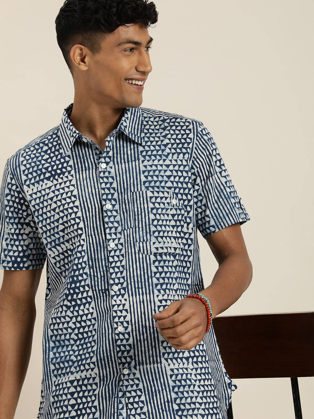 Taavi Men Comfort Organic Indigo Hand Block Printed Pure Cotton Casual Shirt