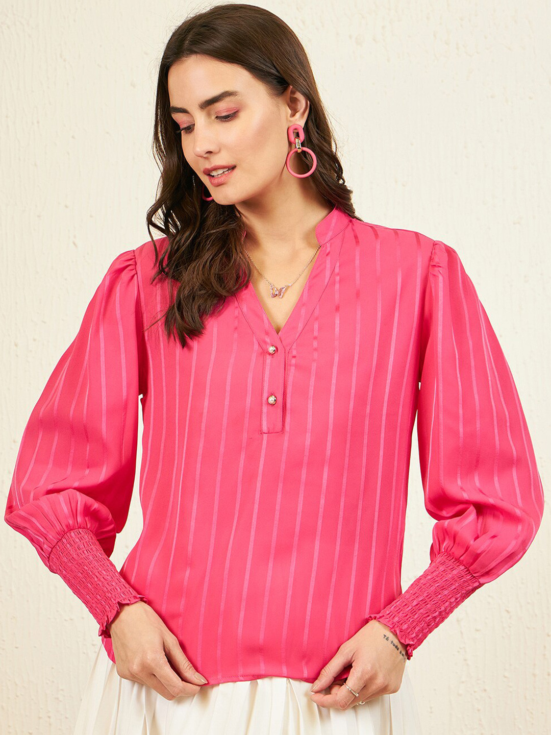 Marie Claire Pink Striped V-Neck Satin Top