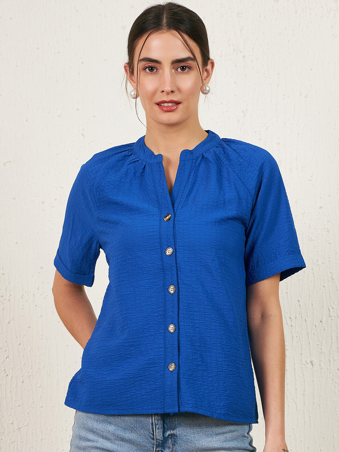 Marie Claire Blue Solid High Neck Shirt Style Top