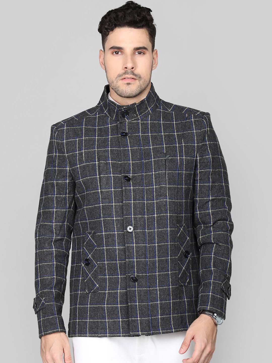 CHKOKKO Checked Stand Collar Coat