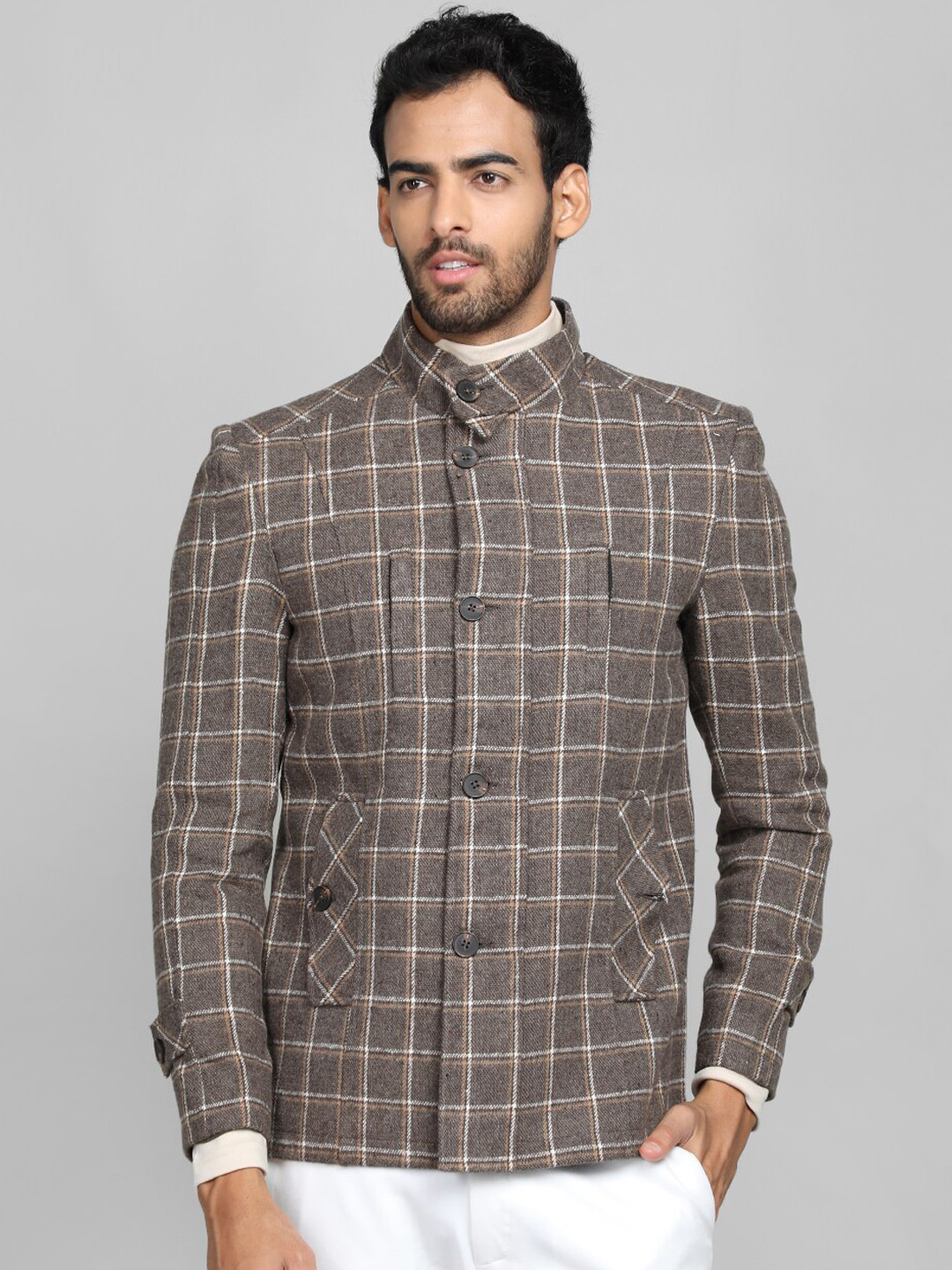 CHKOKKO Checked Stand Collar Pea Coat