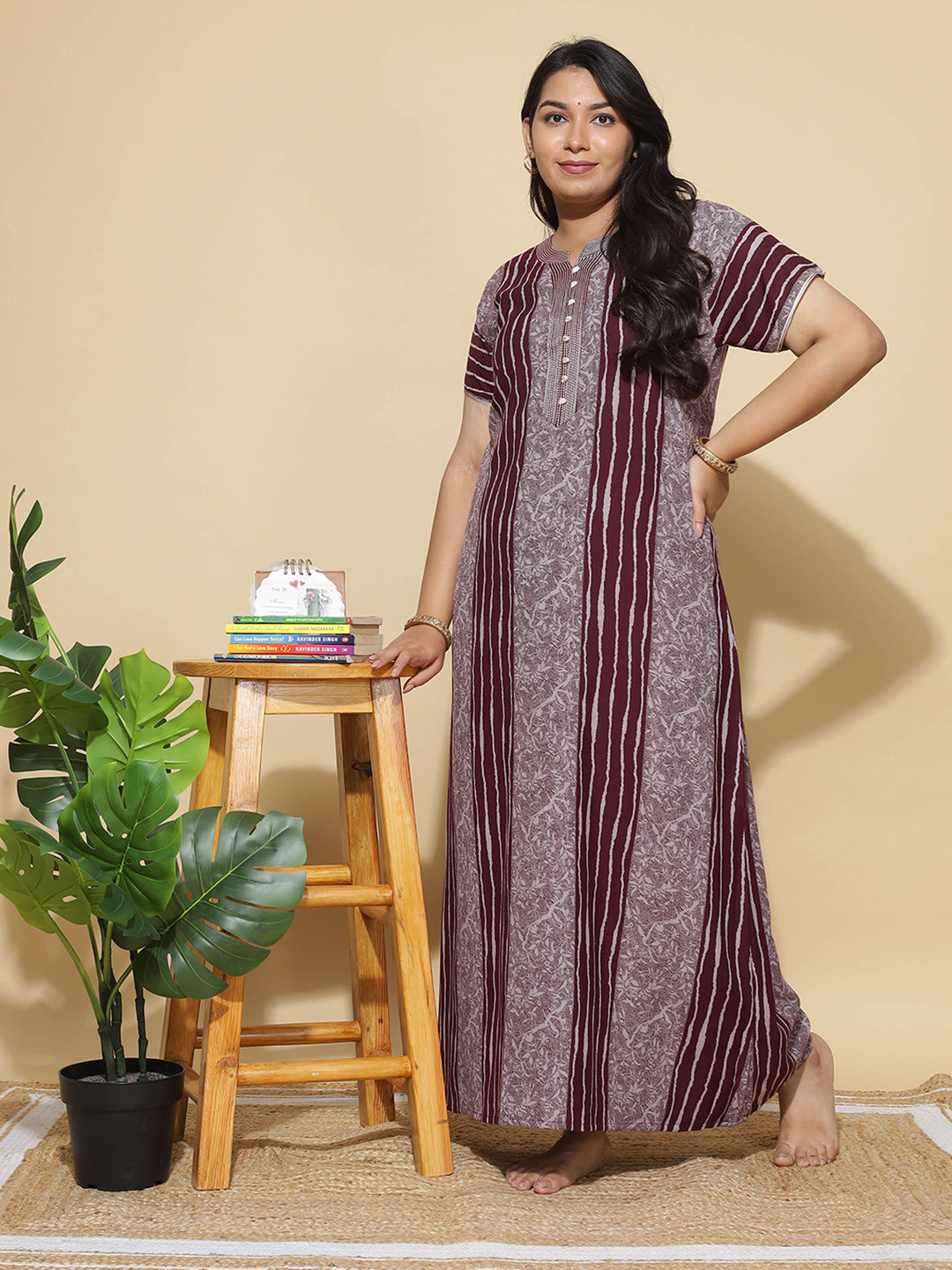 9shines Label Maroon Striped Wrinkle free every day Printed Maxi Nightdress