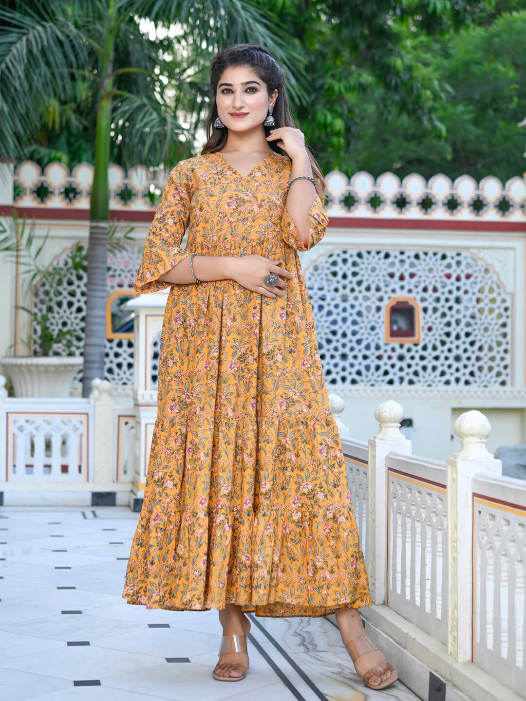 GULAB CHAND TRENDS Floral Printed Bell Sleeves Tiered Cotton Maxi Ethnic Dresses