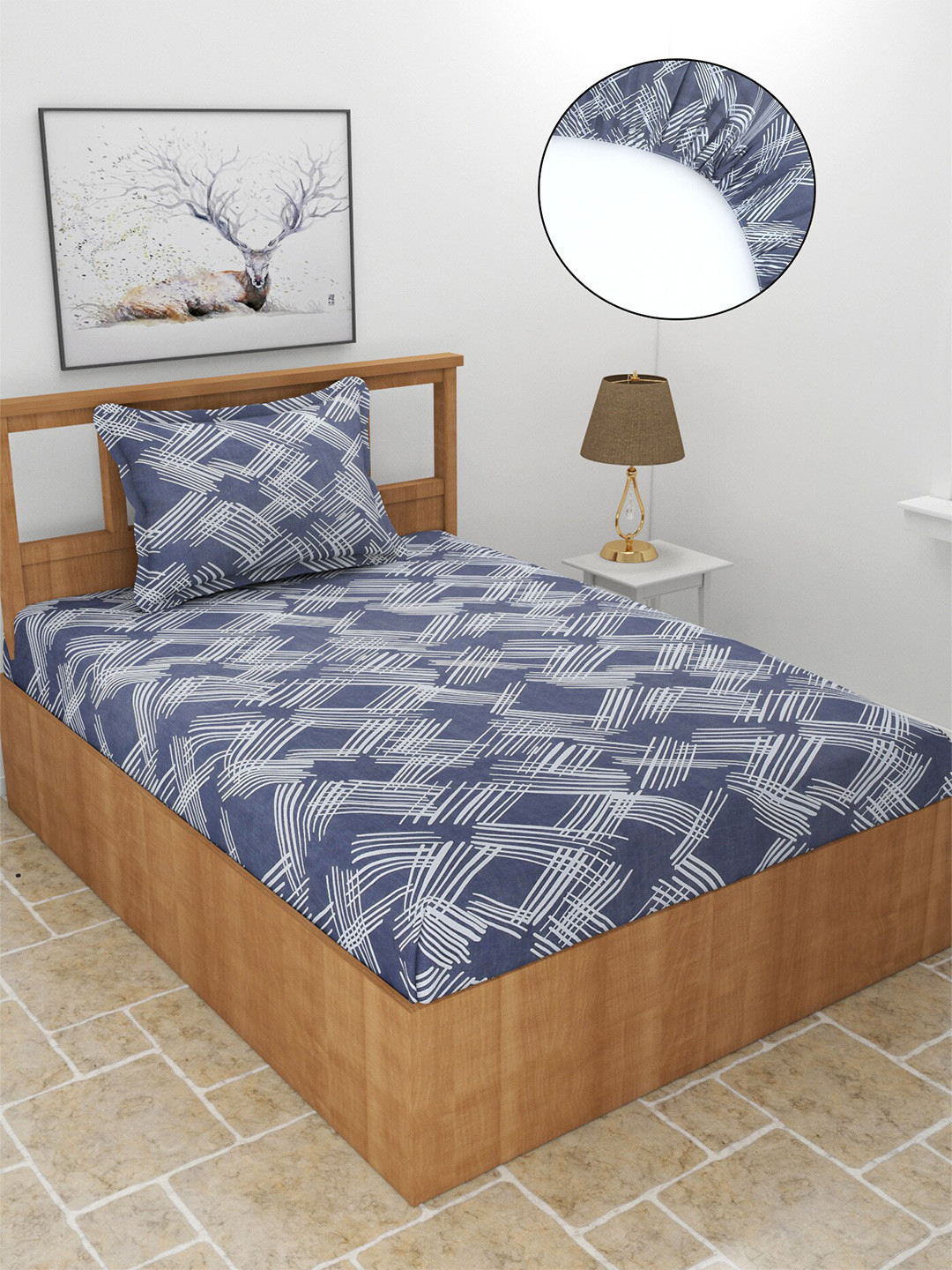 MORADO Kidzania Blue Geometric Polycotton 210 TC Fitted Single Fine Bedsheet with a Pillow Cover-78 x 72 inches