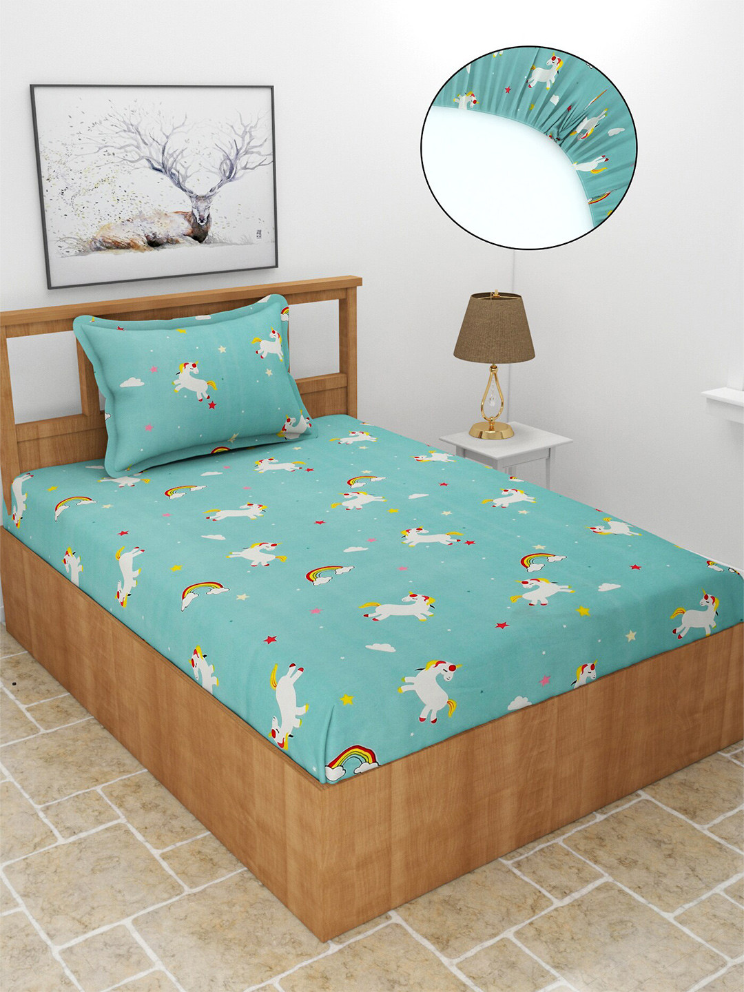 MORADO Blue Graphic Polycotton 210 TC Fitted Single Fine Bedsheet with a Pillow Cover-198 x 182 cm