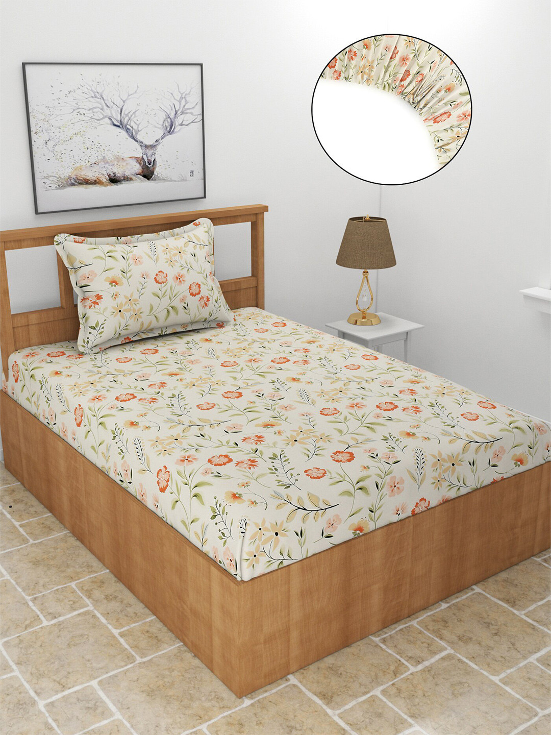 MORADO Kidzania Off White Floral Polycotton 210 TC Fitted Single Fine Bedsheet with a Pillow Cover-78 x 72 inches