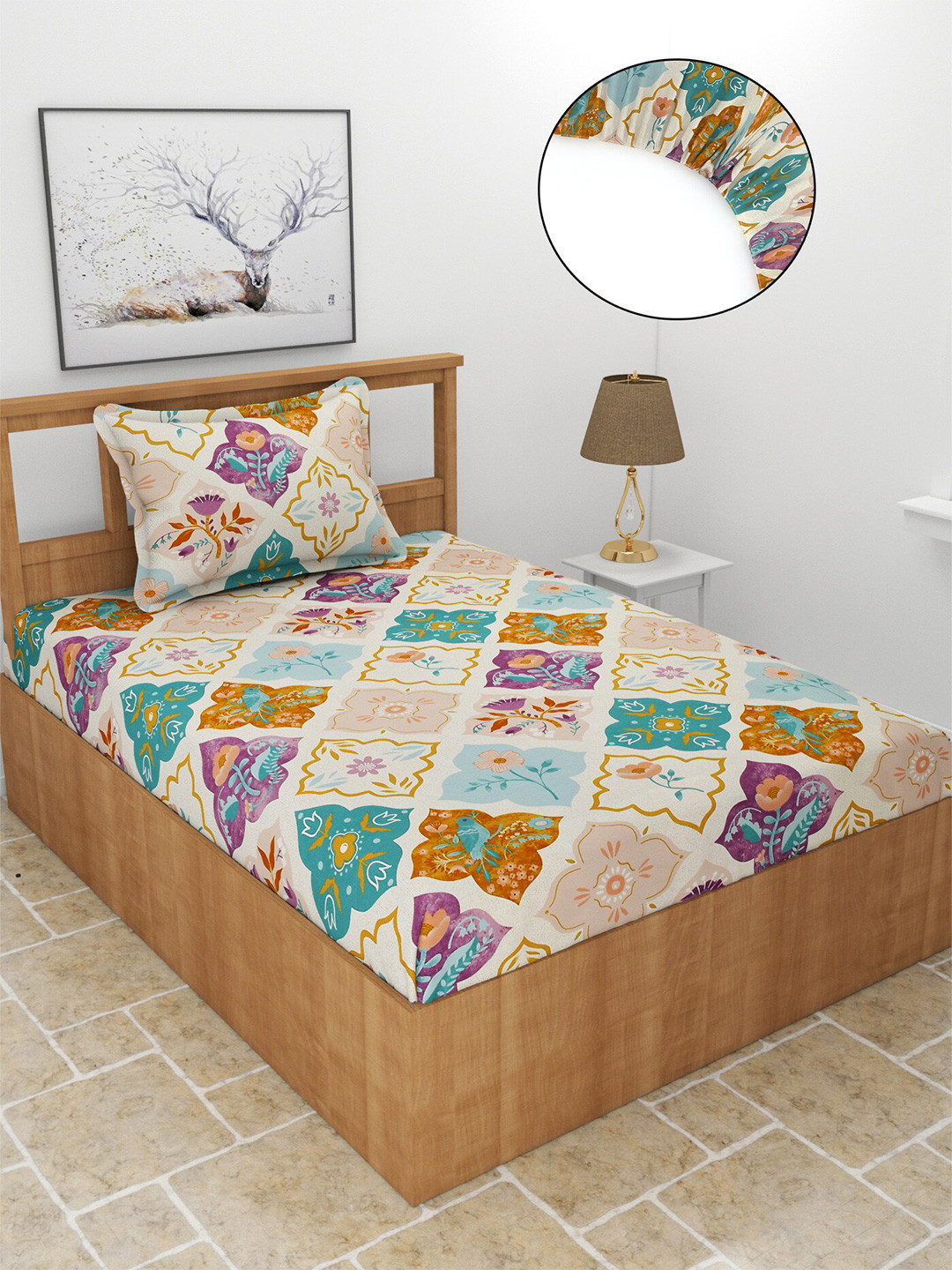 MORADO Kidzania Purple Ethnic Motifs Polycotton 210 TC Fitted Single Fine Bedsheet with a Pillow Cover-198 x 182 x 20 cm