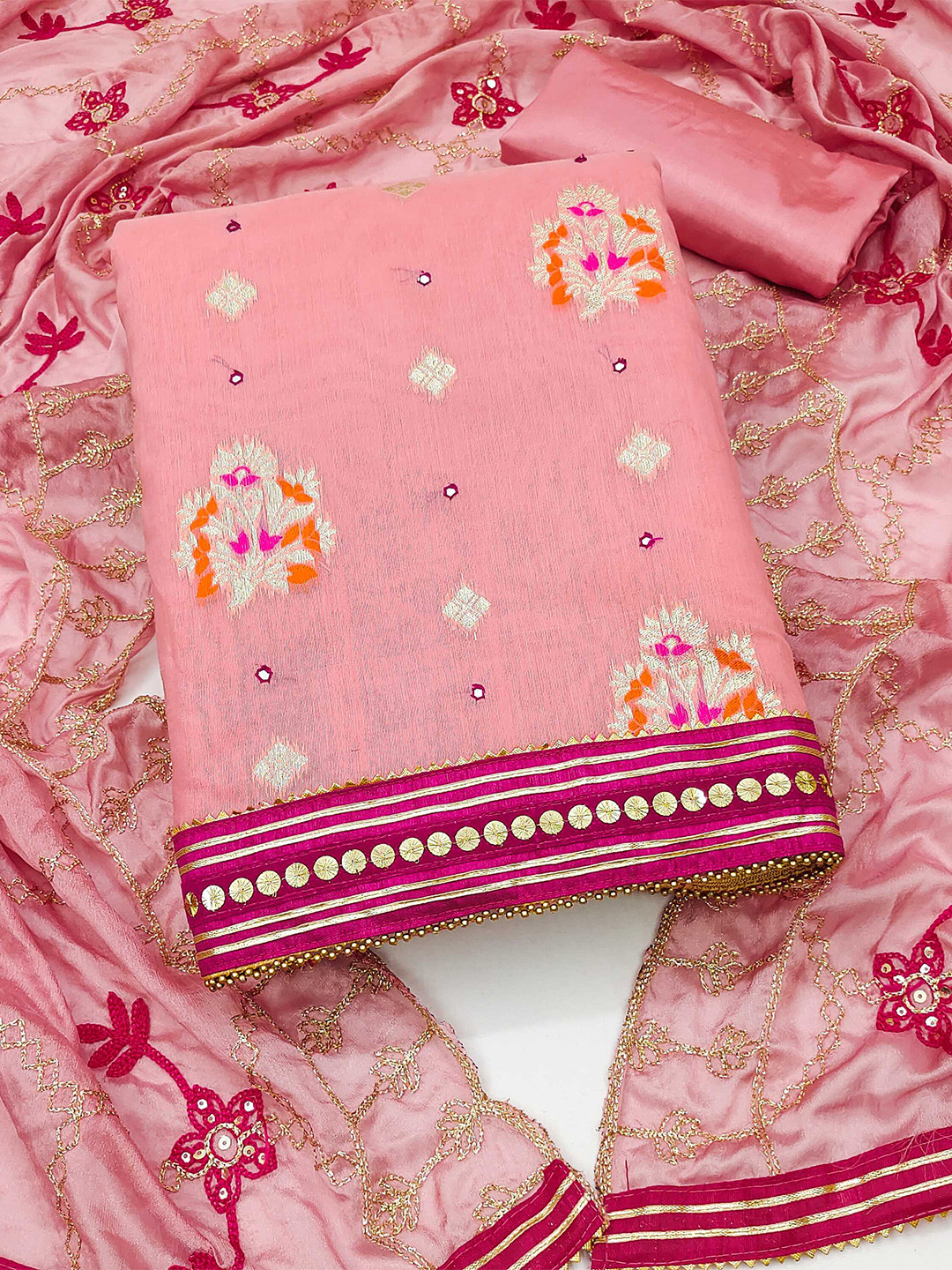 SHADOW & SAINING Floral Woven Design Mirror Work Unstitched Dress Material