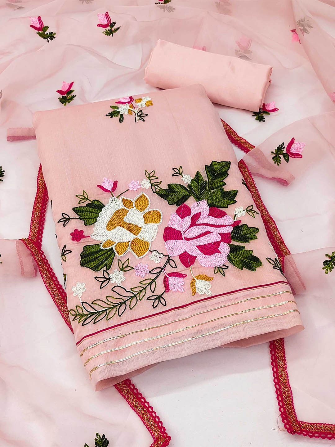 SHADOW & SAINING Floral Embroidered Unstitched Silk Blend Dress Material