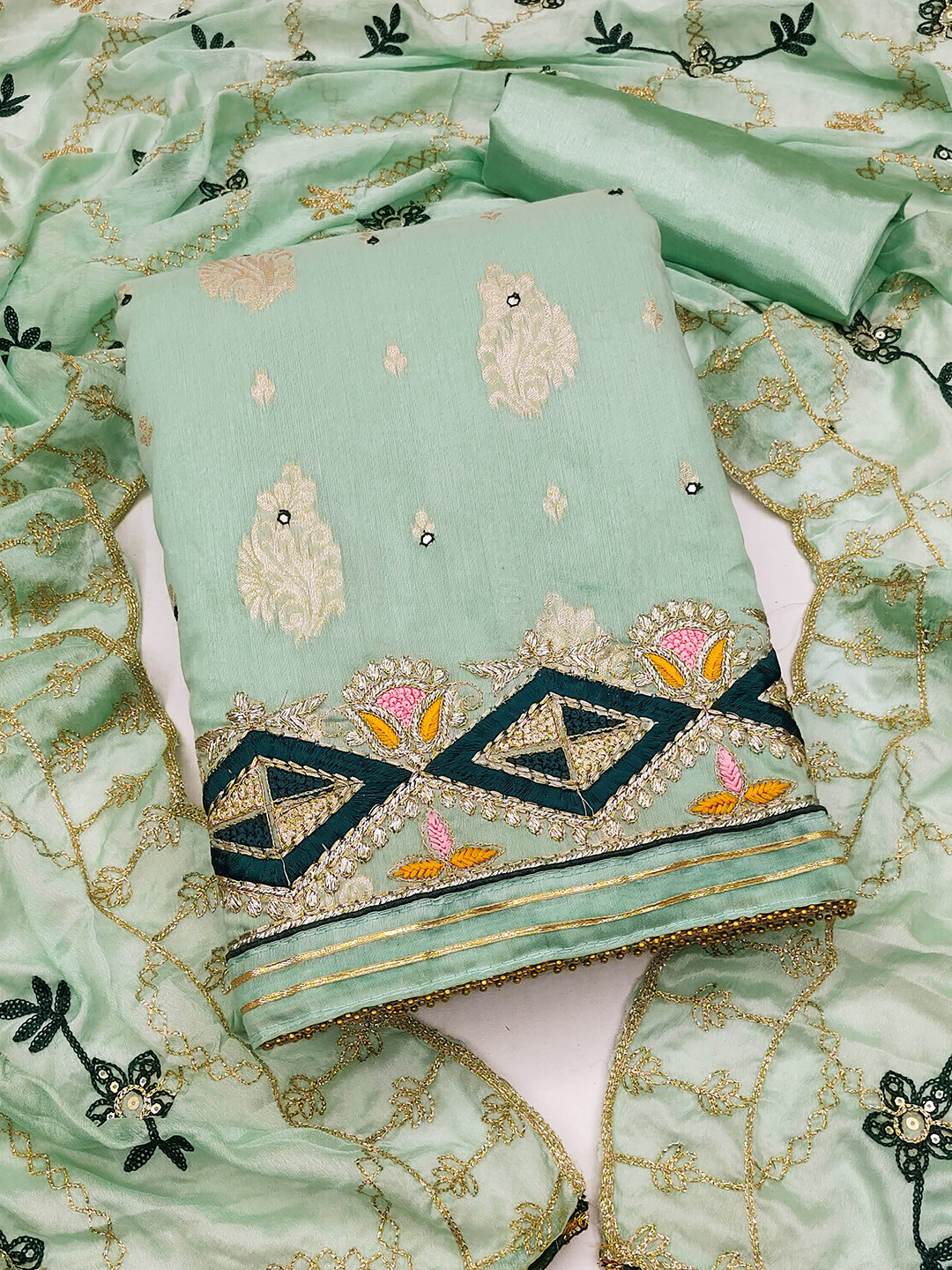 SHADOW & SAINING Ethnic Motif Woven Design Beads And Stones Unstitched Dress Material