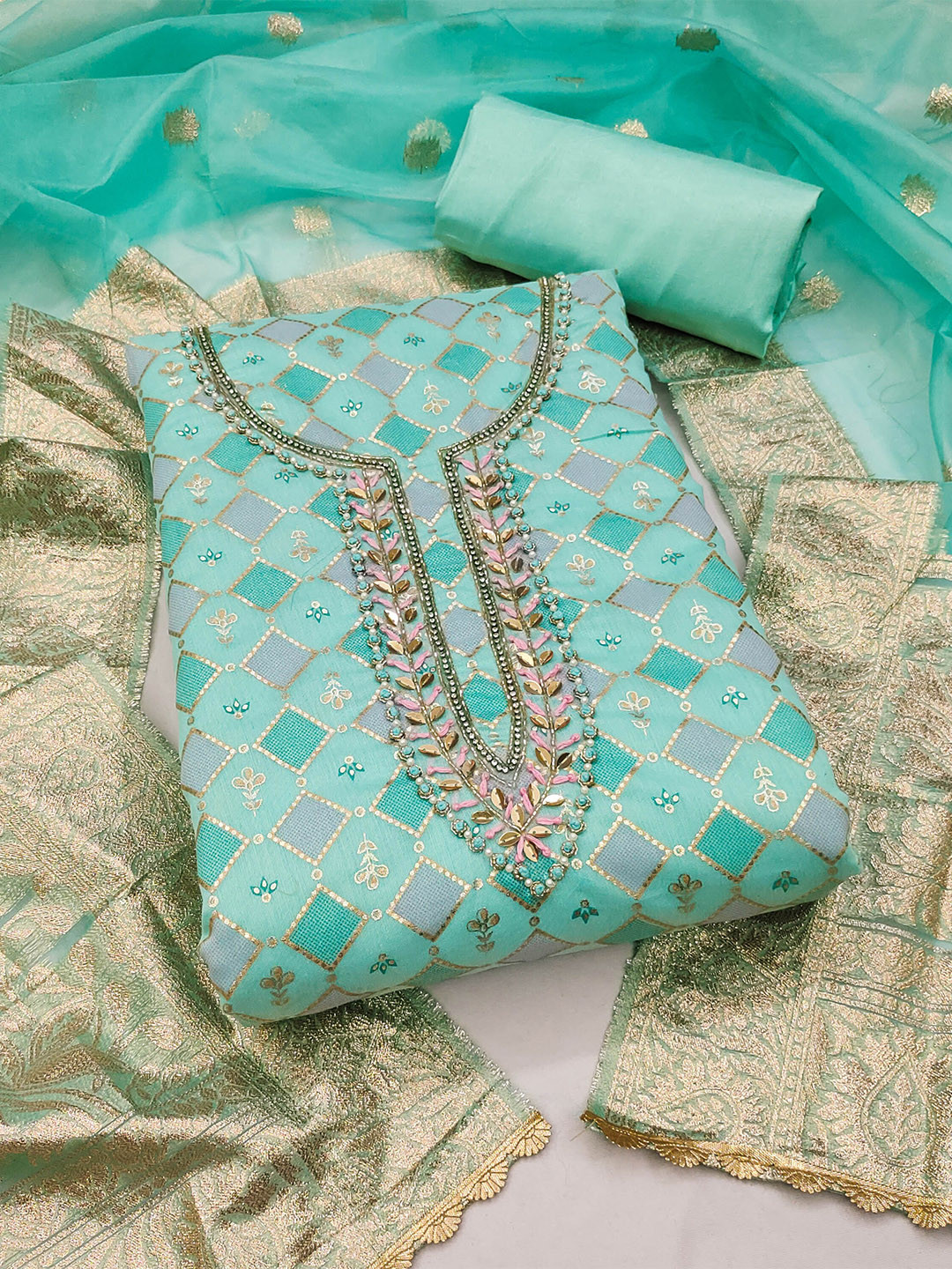 SHADOW & SAINING Ethnic Embroidered Beads & Stones Unstitched Dress Material