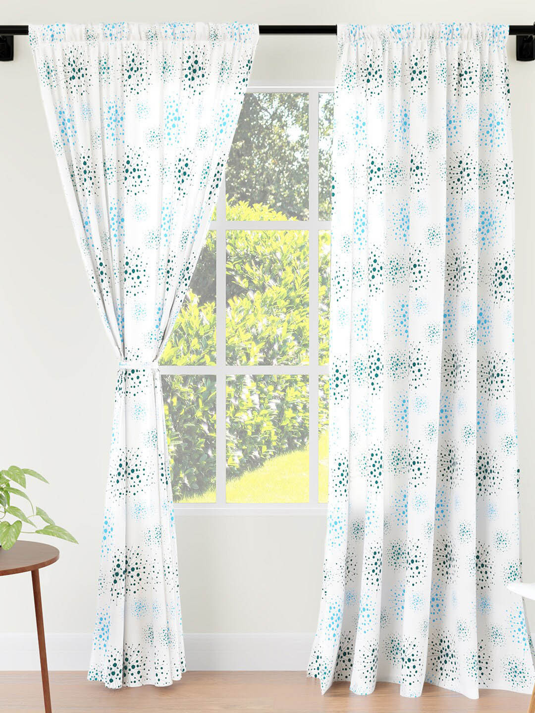 Encasa Homes Blue & White 2 Piees Printed Red Pocket Long Door Curtains