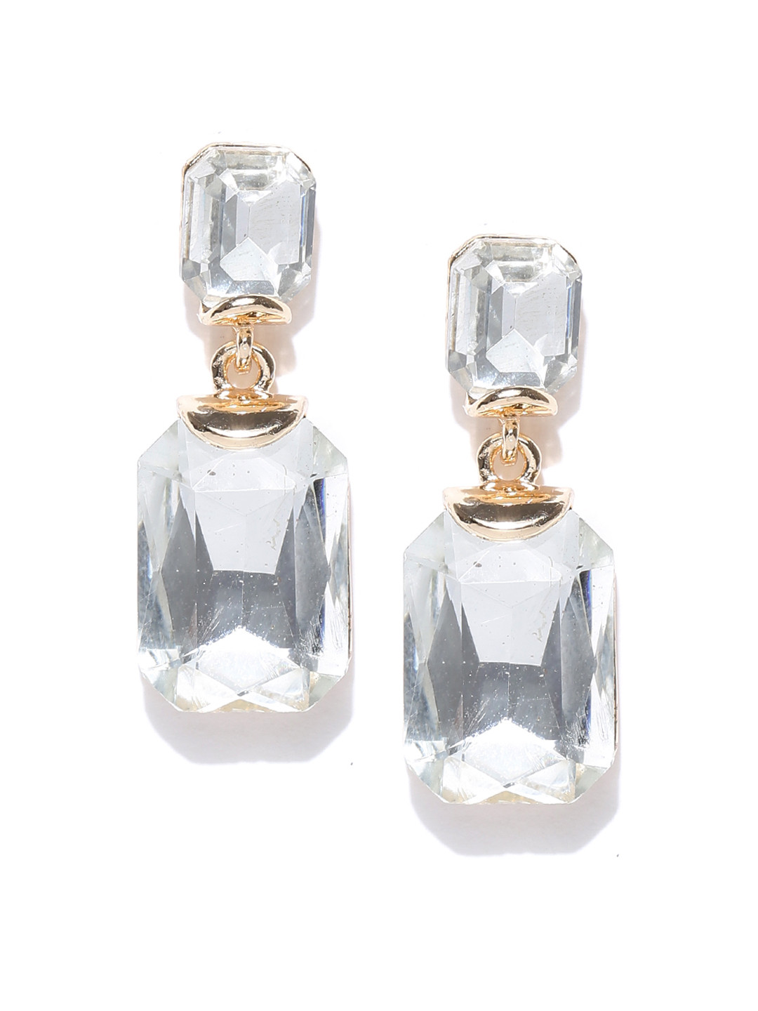 Crunchy Fashion Gold-Toned Stone-Studded Geometric Drop Earrings