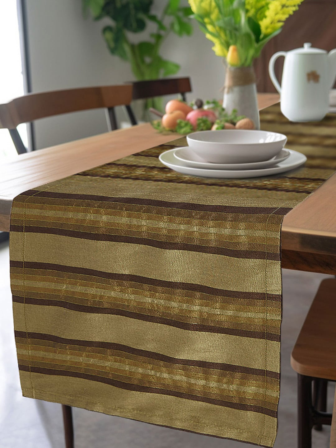 Encasa Homes Coffee Brown Striped Table Runner