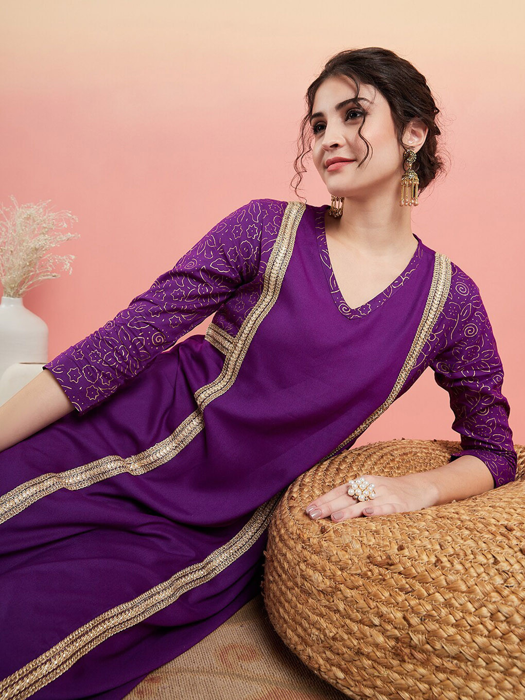 Sangria Violet V-Neck A-Line Kurta With Trouser Set