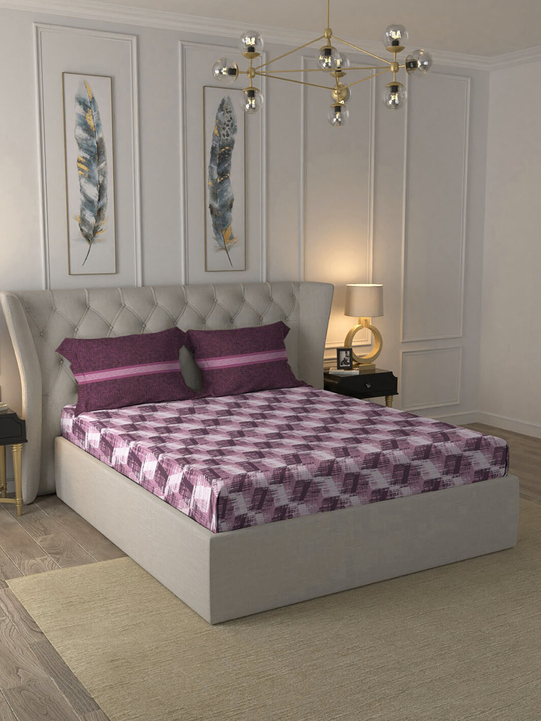 MYTRIDENT Clover Purple Geometric Pure Cotton 144 TC Queen Bedsheet with 2 Pillow Covers-90 x 100 inches