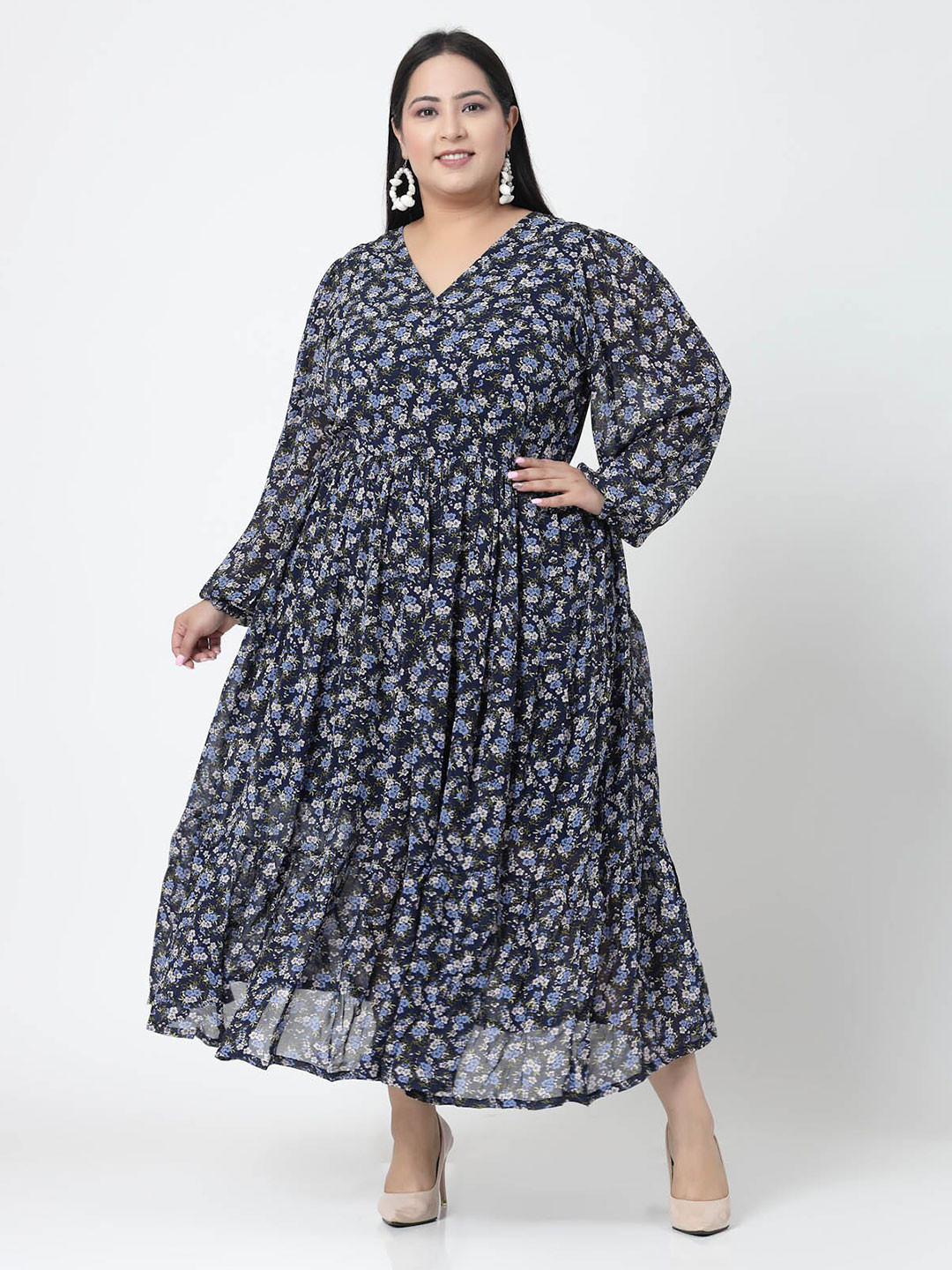 plusS Floral Printed Puffed Sleeves Maxi Dress