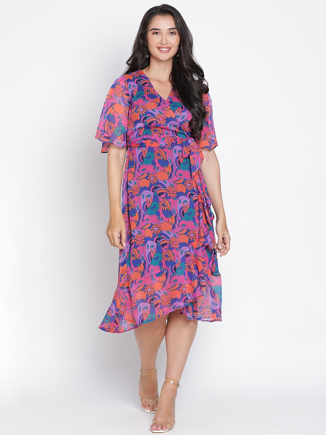 DRAAX Fashions Floral Printed Flared Sleeves Midi Dress