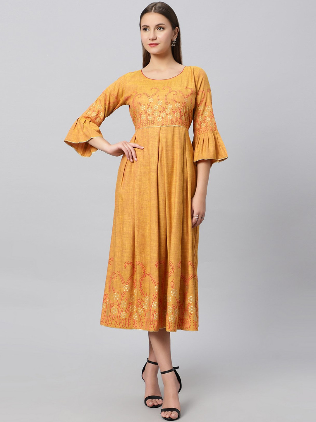 DUMMY SHAPE Floral Printed Bell Sleeves Ethnic Motifs Fit & Flare Ethnic Dress