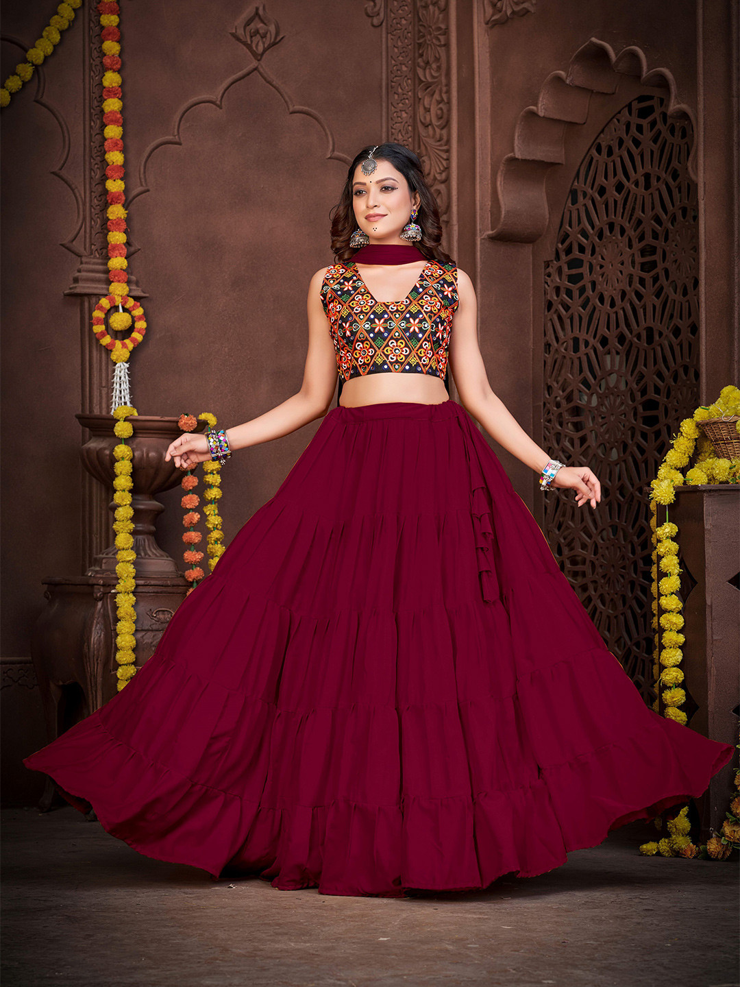 KALINI Embroidered Mirror Work Lehenga Choli With Dupatta