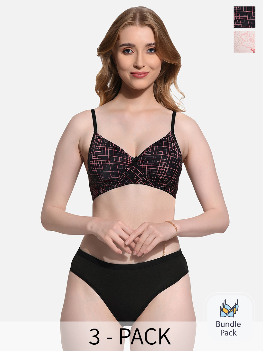 FIMS Pack Of 2 Printed Lingerie Sets Set_SLK-Ae_Pink_SLK-Af_Black_B
