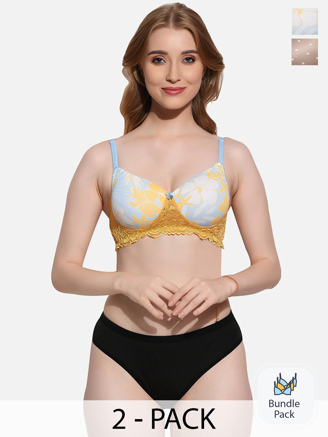 FIMS Pack of 2 Printed Lightly Padded Lingerie Sets Set_SLK-Ah_Yellow_SLK-Aj_Golden_B