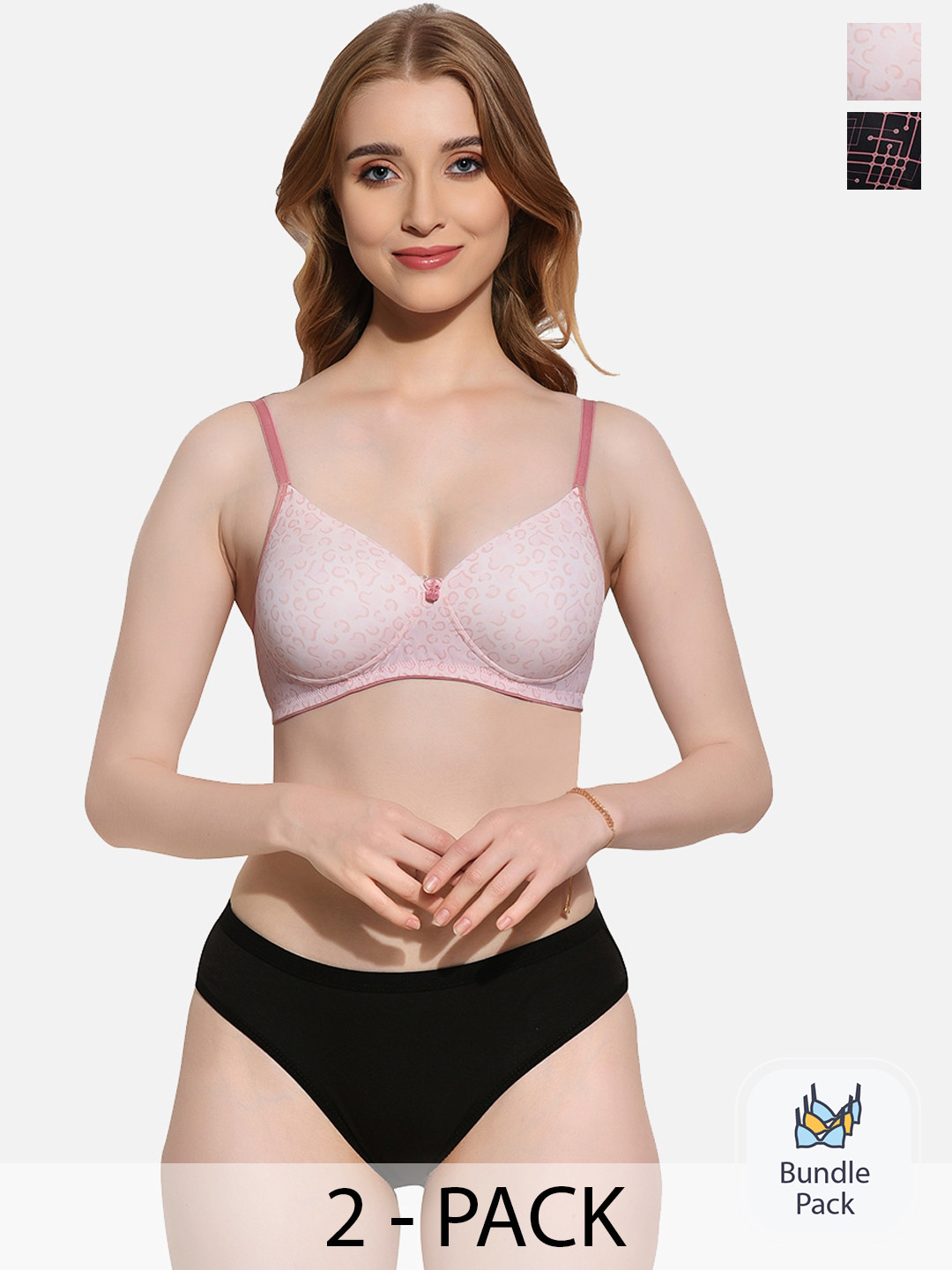 FIMS Pack Of 2 Printed Padded Lingerie Set Set_SLK-Af_Black_SLK-Ag_Pink_B