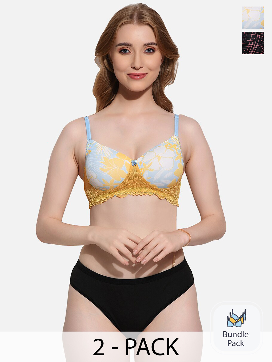 FIMS Pack Of 2 Printed Lightly Padded Lingerie Set Set_SLK-Af_Black_SLK-Ah_Yellow_B