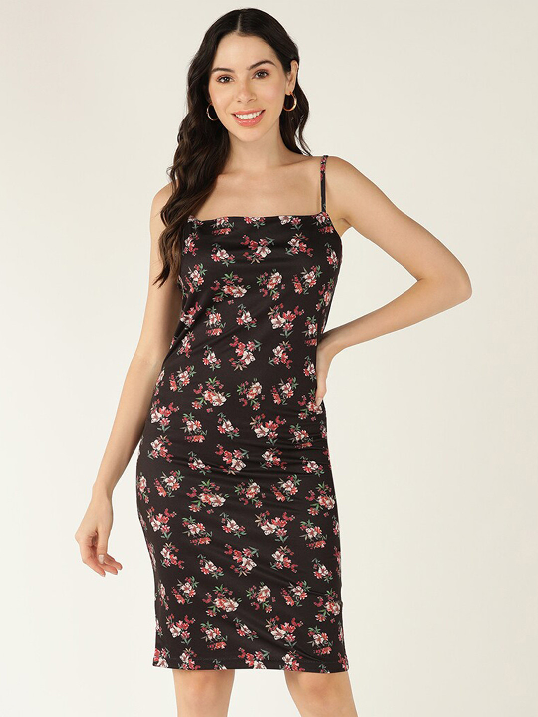 Mast & Harbour Coffee Brown & Red Black Floral Print Sheath Dress
