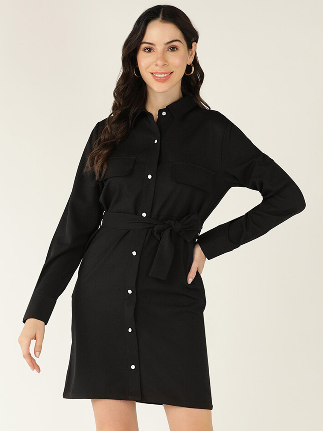 Mast & Harbour Black Shirt Collar Cuffed Sleeves Belted Shirt Dress