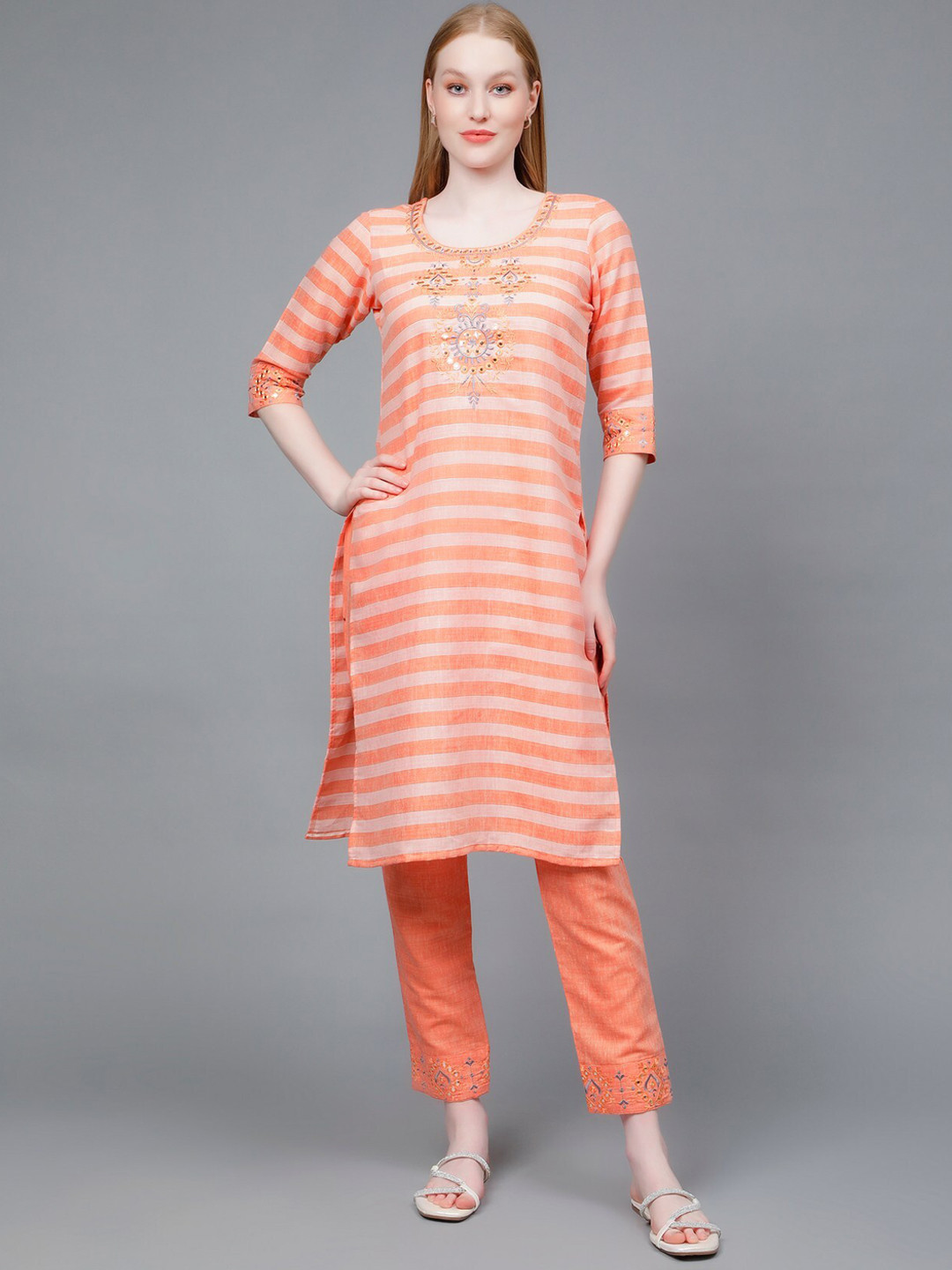 True Shape Striped Mirror Work Kurta With Trousers