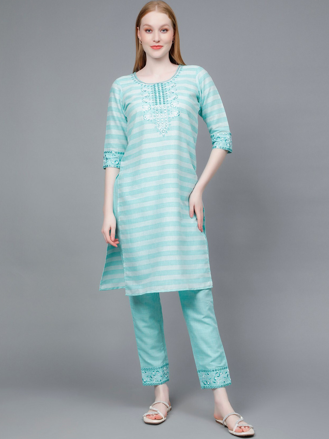 True Shape Striped Mirror Work Kurta With Trousers