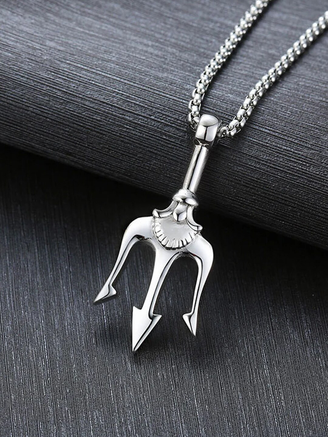 OOMPH Stainless Steel Lord Shiva Trident Charm Pendant With Chain