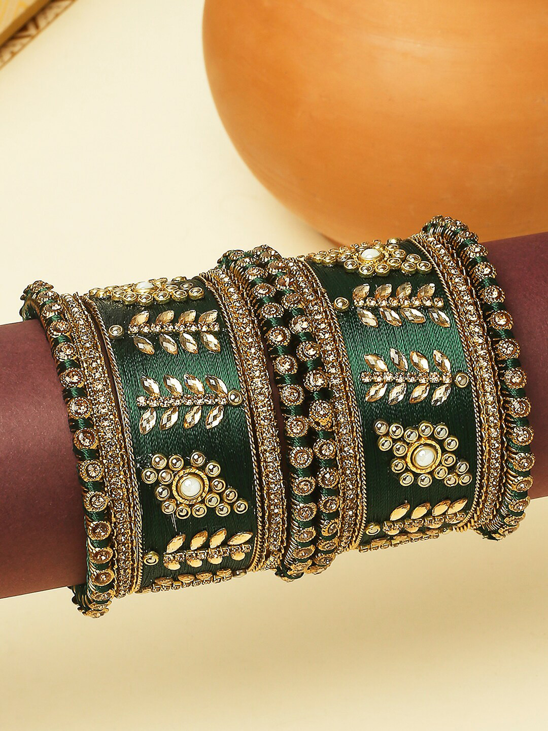 OOMPH Set Of 10 Silk Thread & Kundan-Studded Bangles