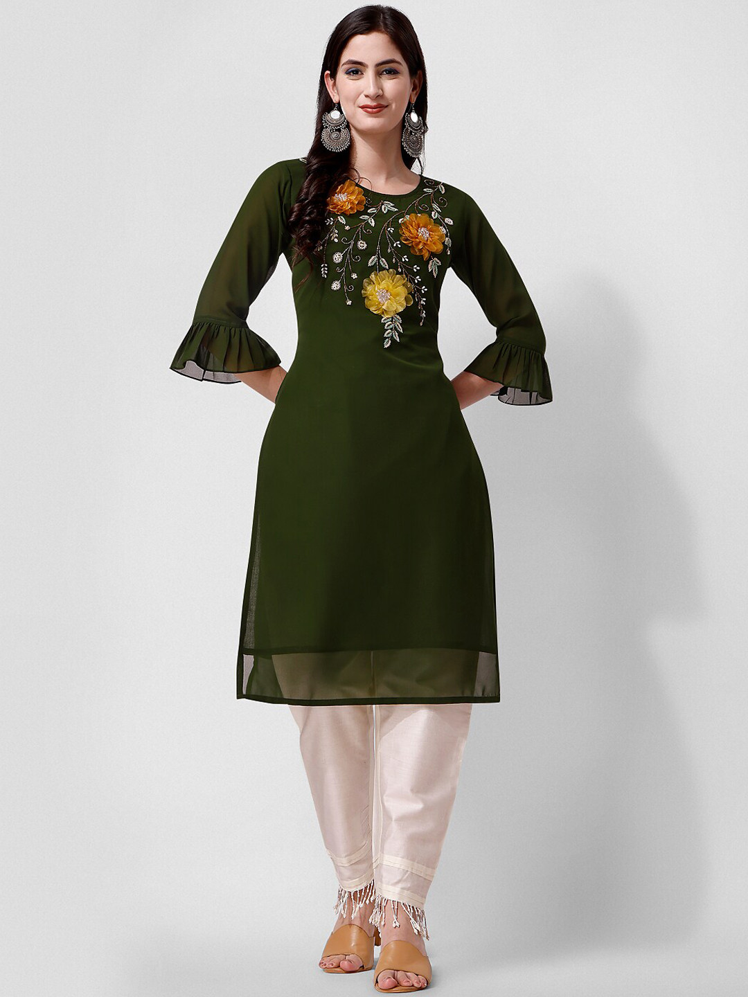 KALINI Floral Embroidered Beads and Stones Bell Sleeves Regular Kurta with Trousers